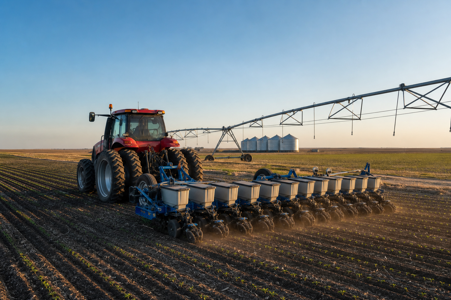 An unbranded farm tractor and planter working near a center pivot