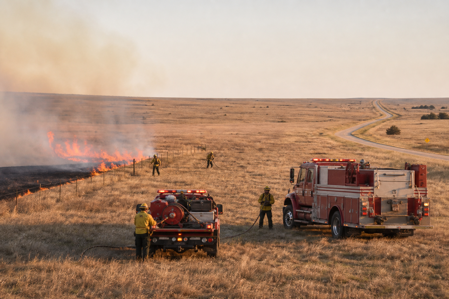 Rural firefighters and brush trucks responding to a grass fire