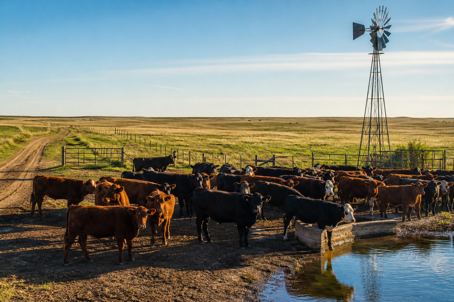 Cattle gathered at a ranch stock tank beneath a windmill